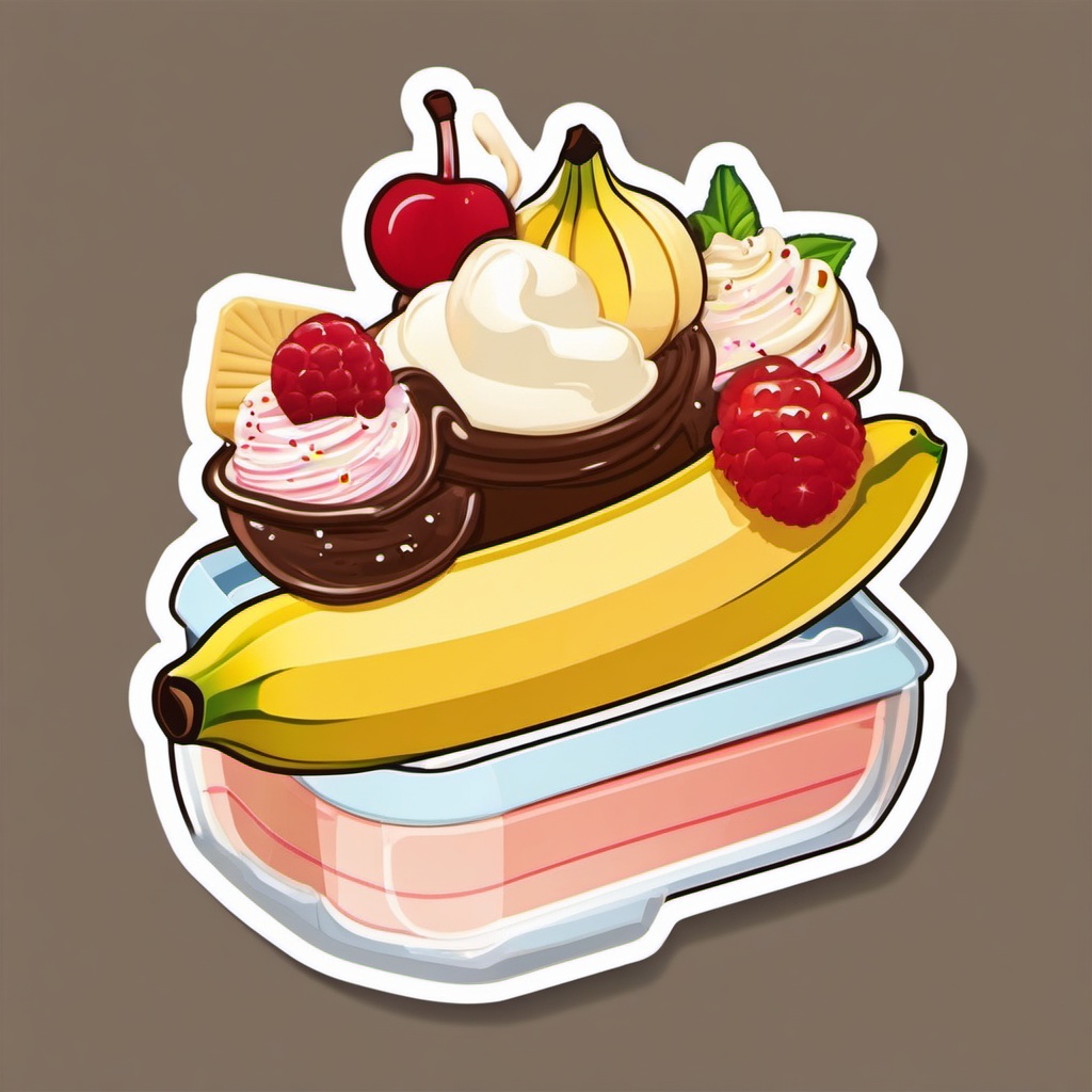 Banana Split Sticker - Indulge in a classic banana split, topped with scoops of ice cream and decadent toppings, , sticker vector art, minimalist design