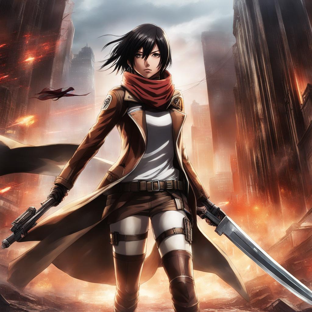 mikasa ackerman engages in intense combat with her odm gear amidst a titan-infested city. 