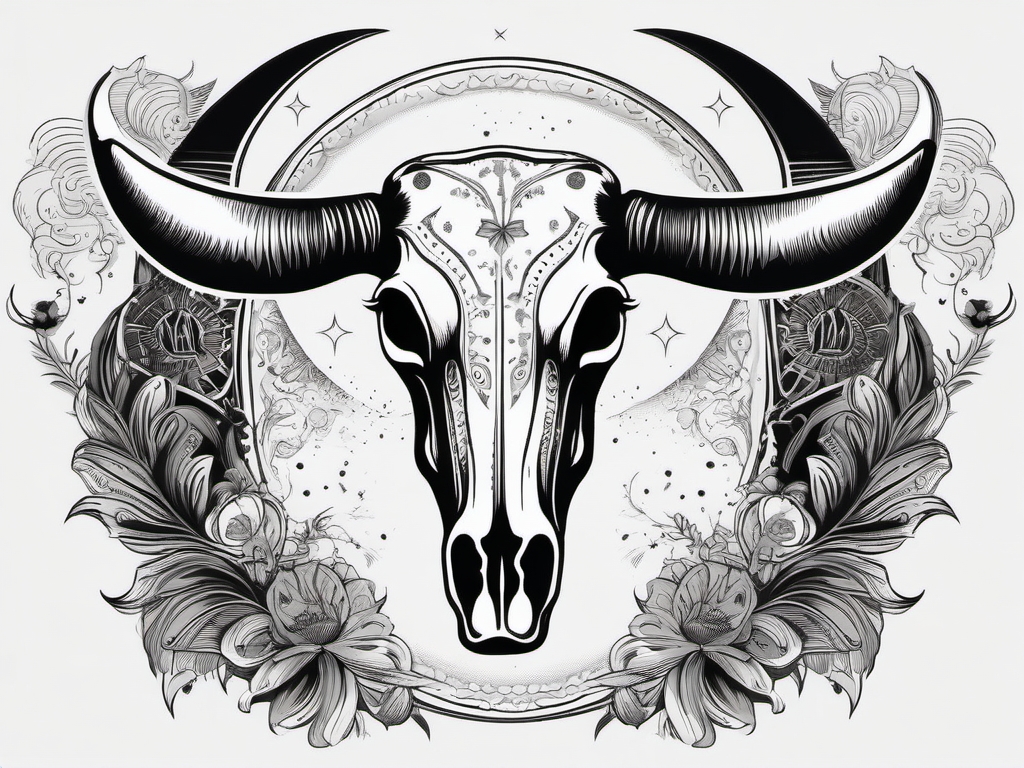 Cow skull with moon ink: Celestial connection, night symbolism.  black and white tattoo style