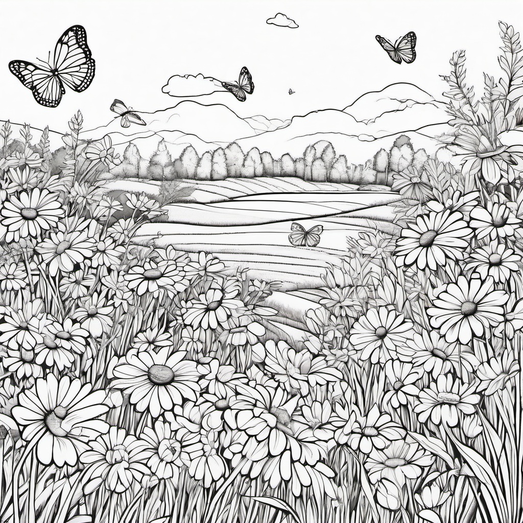 Daisy field with butterflies  simple coloring pages