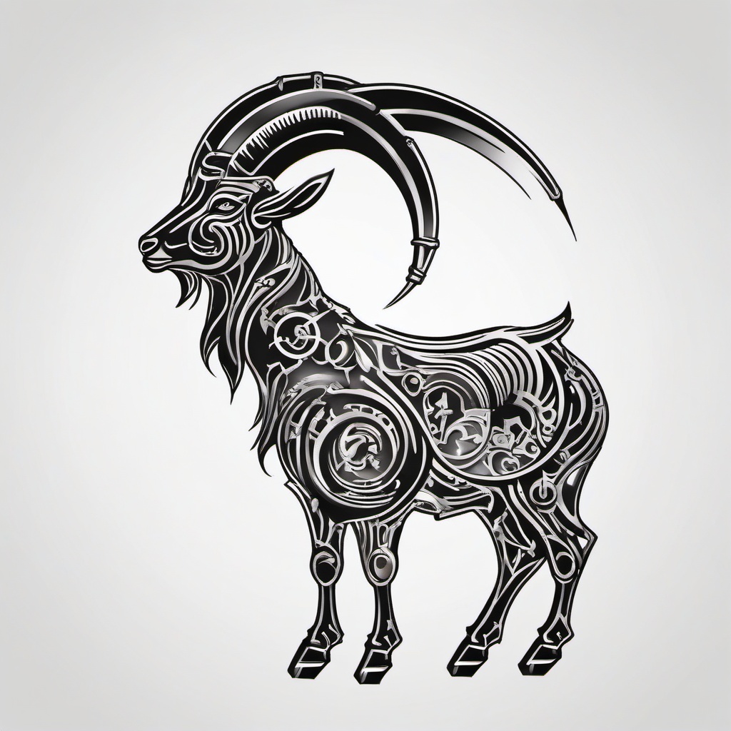 Metal Goat Tattoo - A tattoo featuring a goat design with metal or industrial elements.  simple color tattoo design,white background