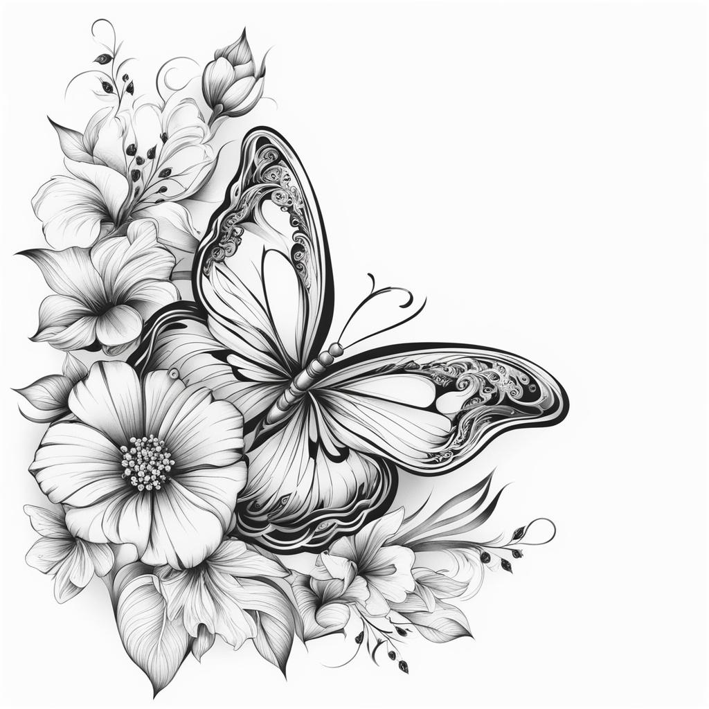 Tattoo butterfly flower,Capturing the beauty of butterflies with floral details. tattoo design, white background