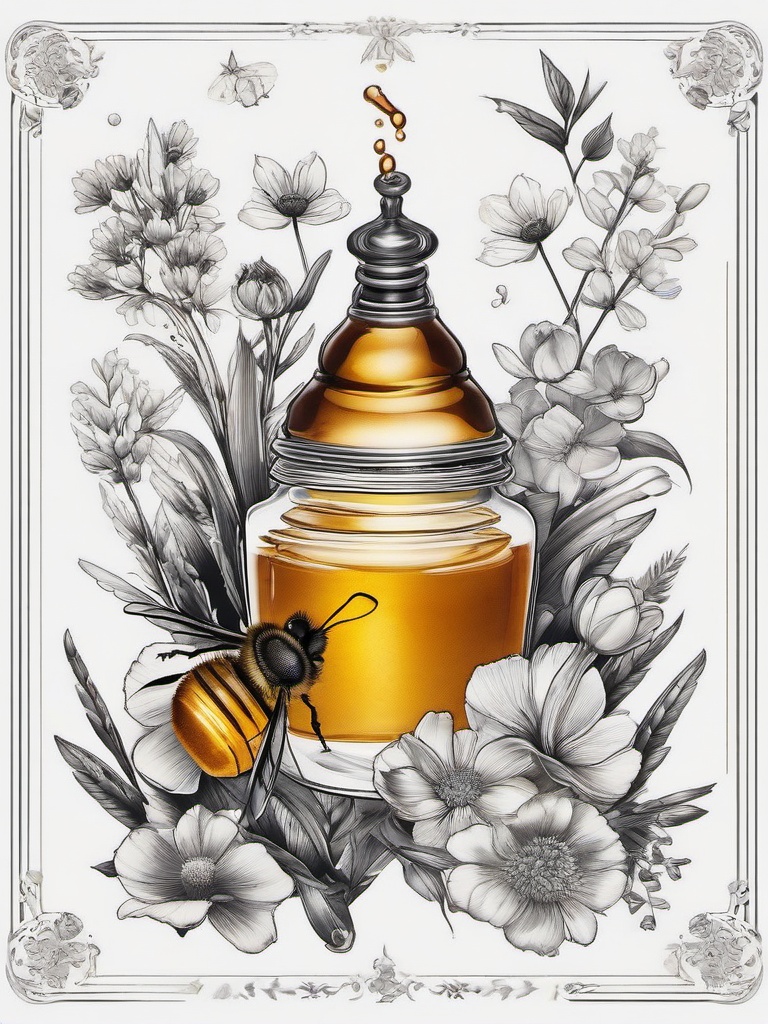 Ink & Honey Tattoo - Combine the artistic elements of ink with the natural allure of honey in a tattoo, creating a unique and visually striking composition.  simple tattoo,minimalist,white background