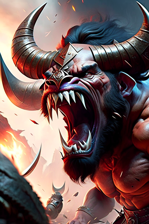 minotaur barbarian charging through enemy lines with a deafening battle cry. 