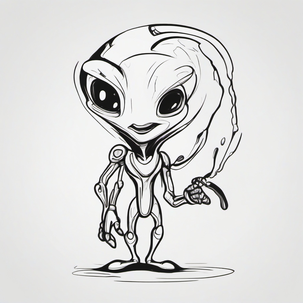 drawing of a cartoon alien  minimal rough sketch scribbles,doodles,black and white