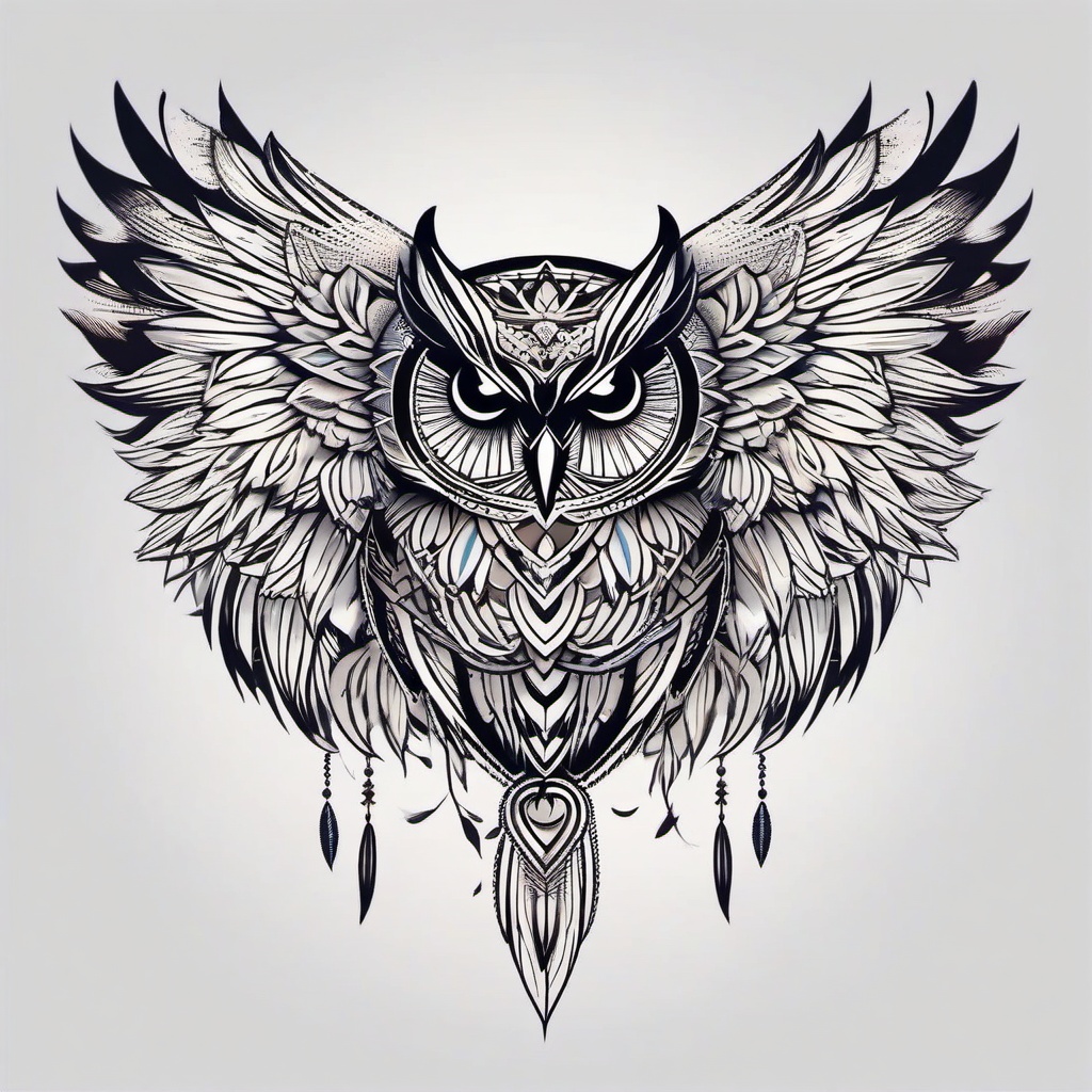 Dream Catcher Owl Tattoo - Blend dreamcatcher symbolism with the allure of owls in a tattoo.  simple color tattoo,vector style,white background