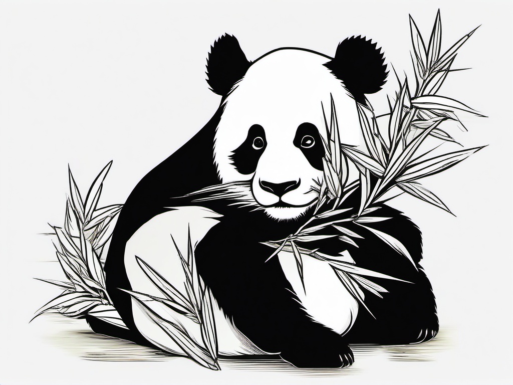 Panda Tattoo - Gentle panda munching on bamboo, symbolizing peace  few color tattoo design, simple line art, design clean white background