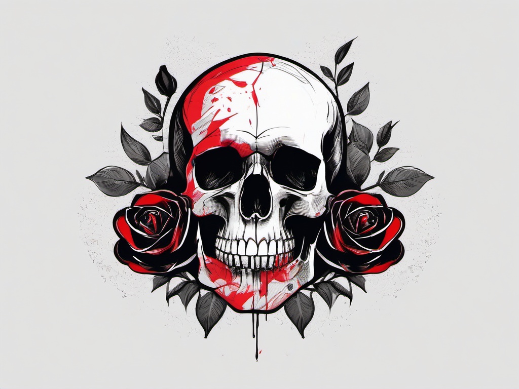 drawing of a skull with black and red roses  minimal rough sketch scribbles,doodles,black and white