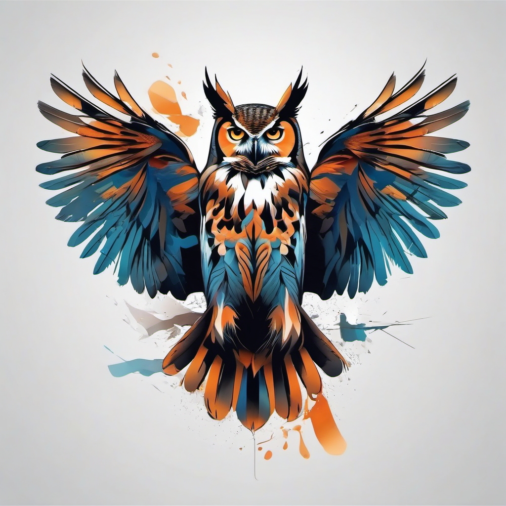 Great horned owl tattoo breaking free in surreal, abstract motion.  color tattoo style, minimalist design, white background