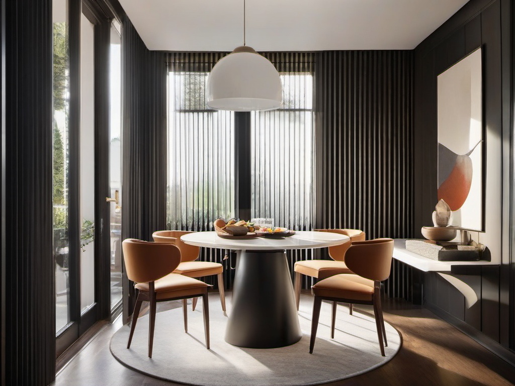 The dining nook features Bauhaus interior design with a small round table, modern chairs, and large windows that create an intimate and light-filled space for casual meals.  