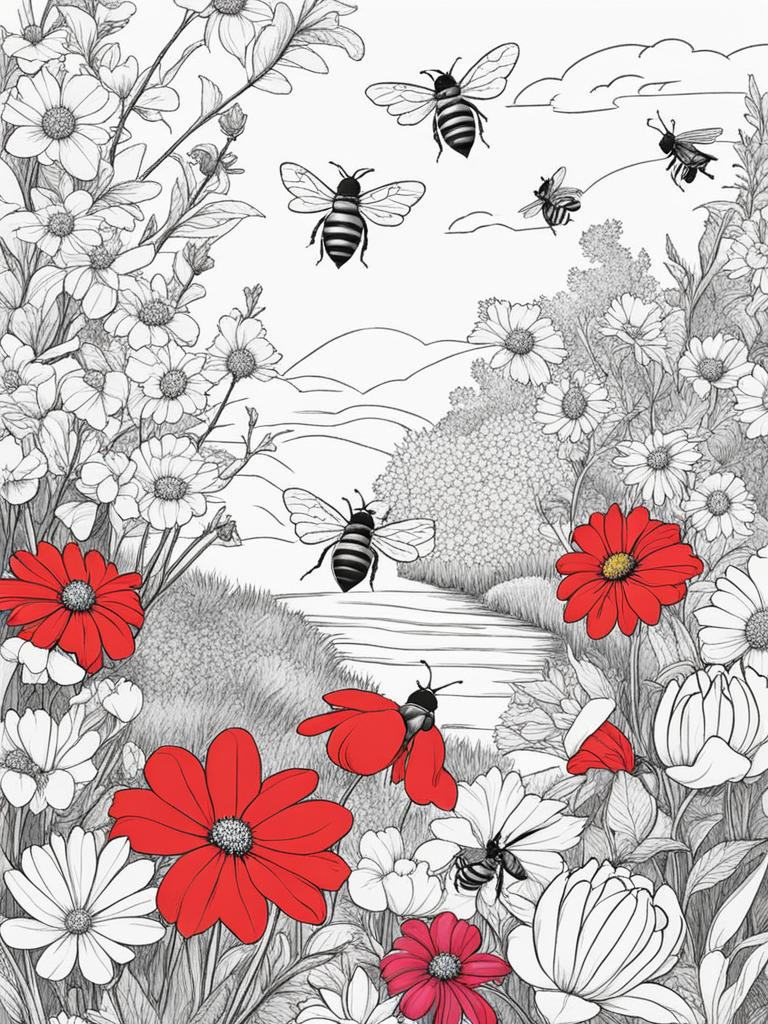 flower coloring pages - bees buzz among colorful flowers in a sunny garden. 