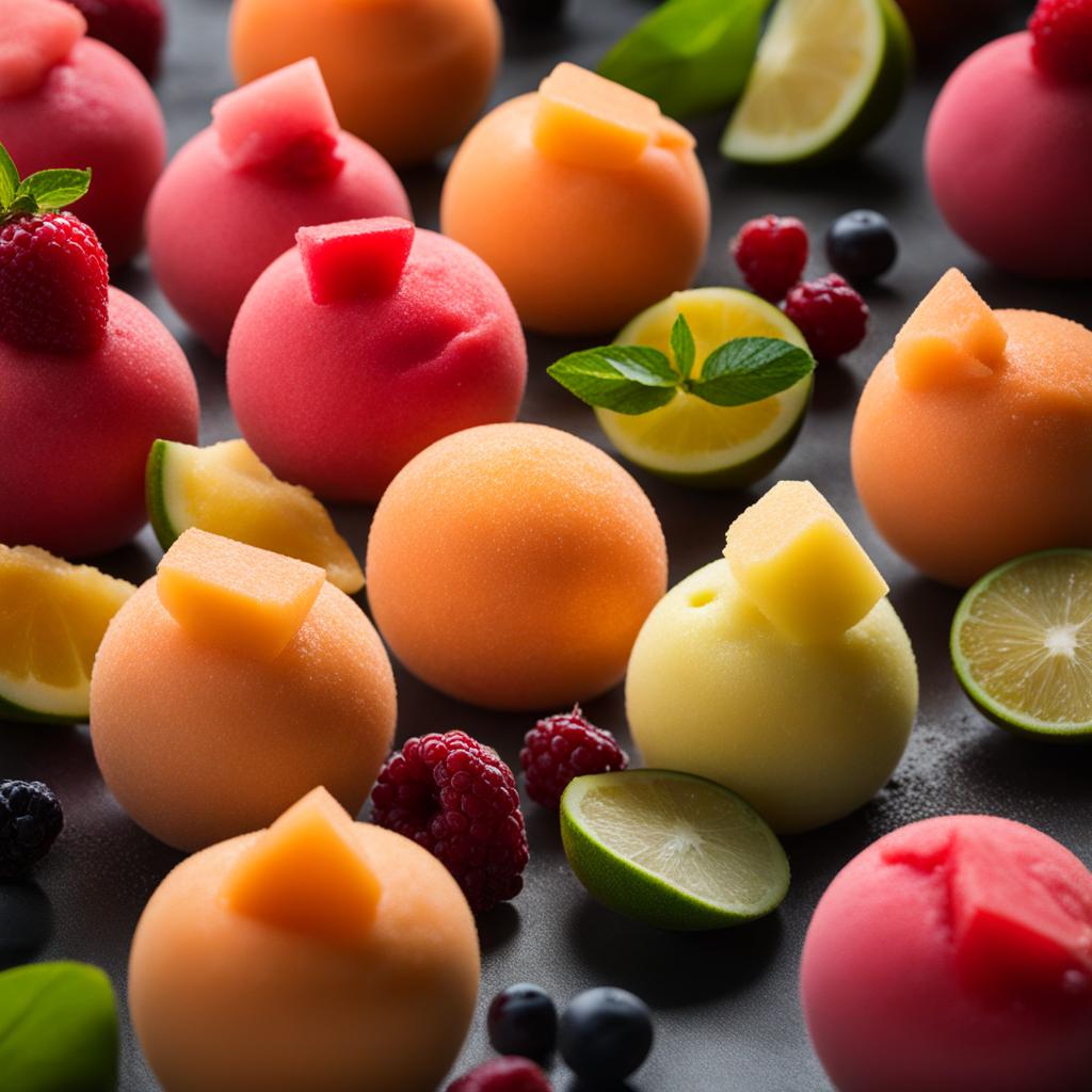 an array of colorful sorbets, each with a vibrant fruit flavor and refreshing, icy texture. 