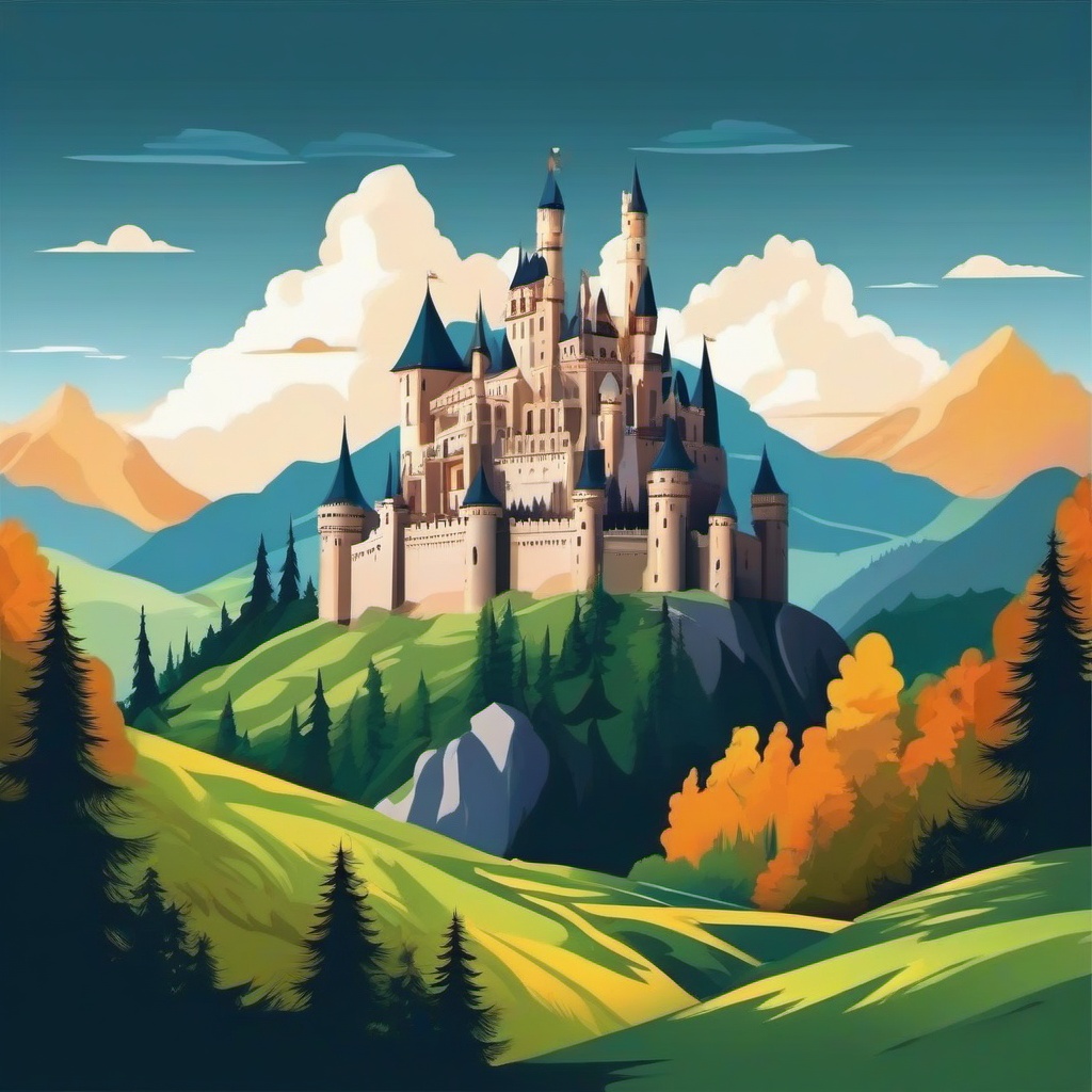 Majestic castle in the middle of a valley clipart.  vector style illustration, white background