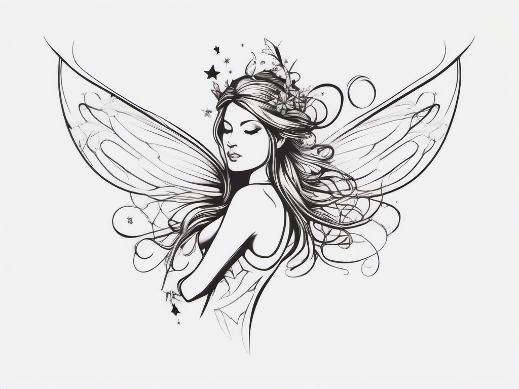 Fairy Tattoo - Mythical being representing magic and childlike wonder  minimal tattoo design,white background