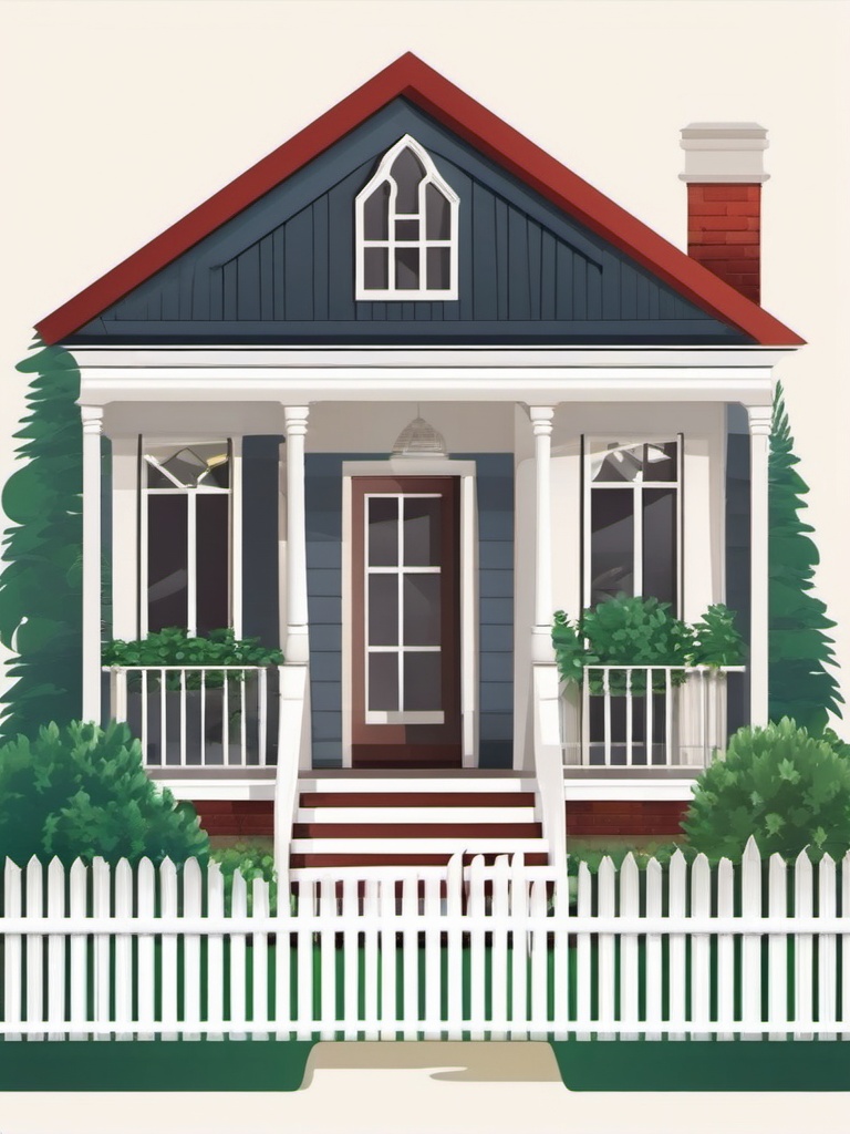 House Clipart - A cozy house with a white picket fence.  color clipart, minimalist, vector art, 