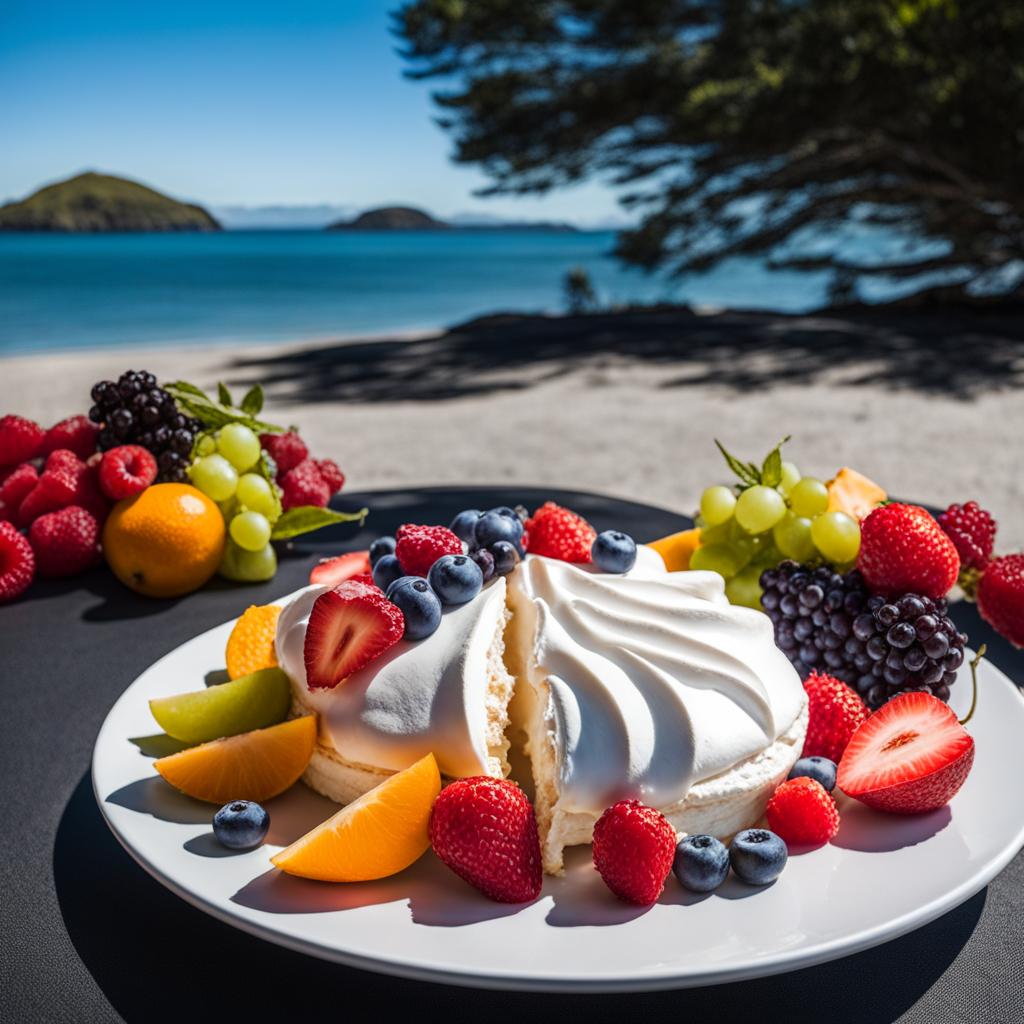 pavlova, new zealand meringue dessert with fruit, savored at a beachfront picnic on the bay of islands. 