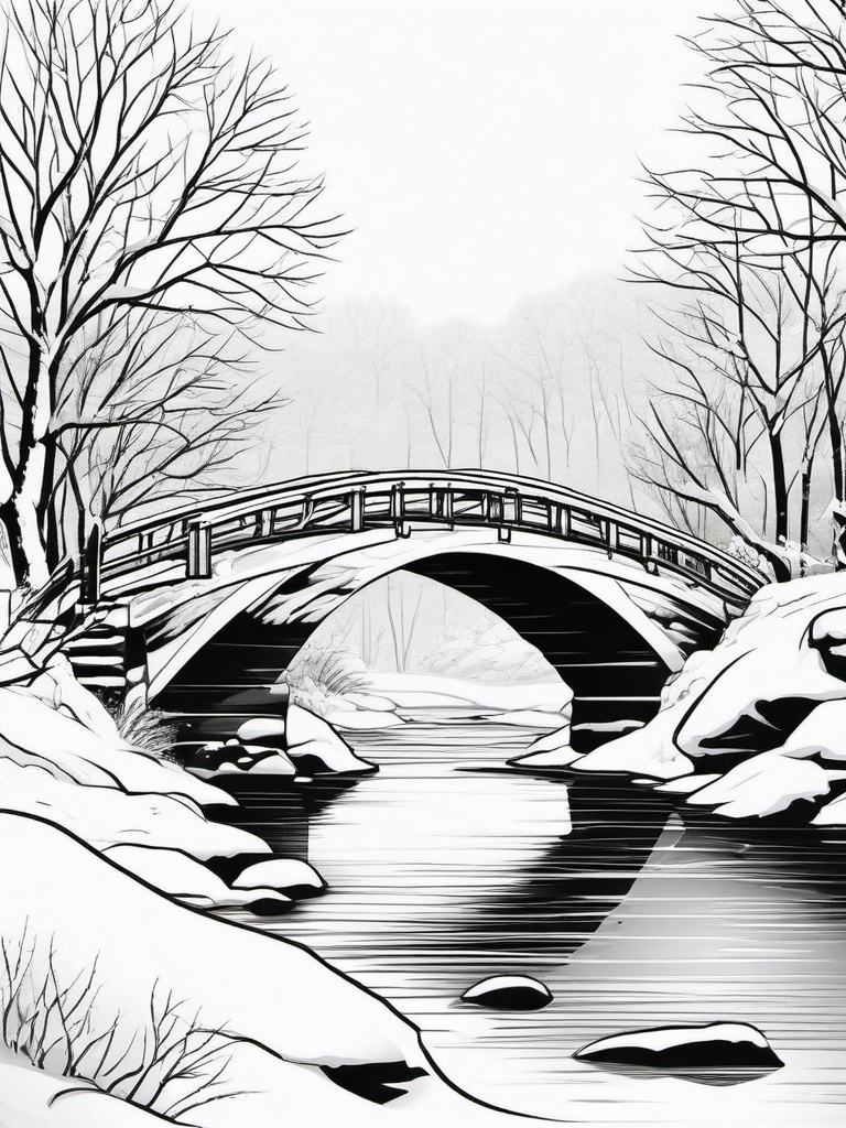 Winter Bridge Over Frozen River Coloring Pages - Scenic Winter Bridge Crossing  minimal black outline printable sheet, coloring page