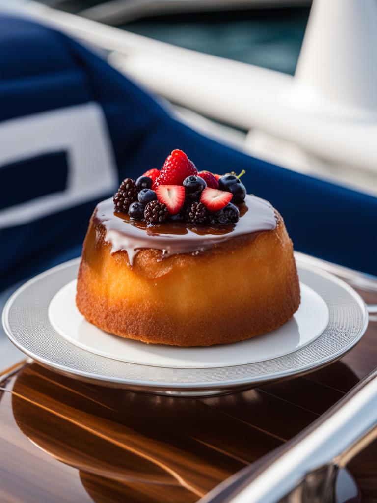 baba au rhum, a french rum-soaked cake, devoured on the deck of a luxury yacht in the french riviera. 