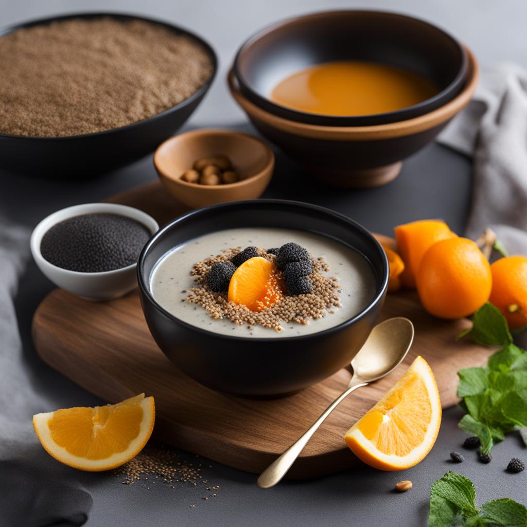 black sesame soup (tahini), a sweet, nutty dessert soup. 