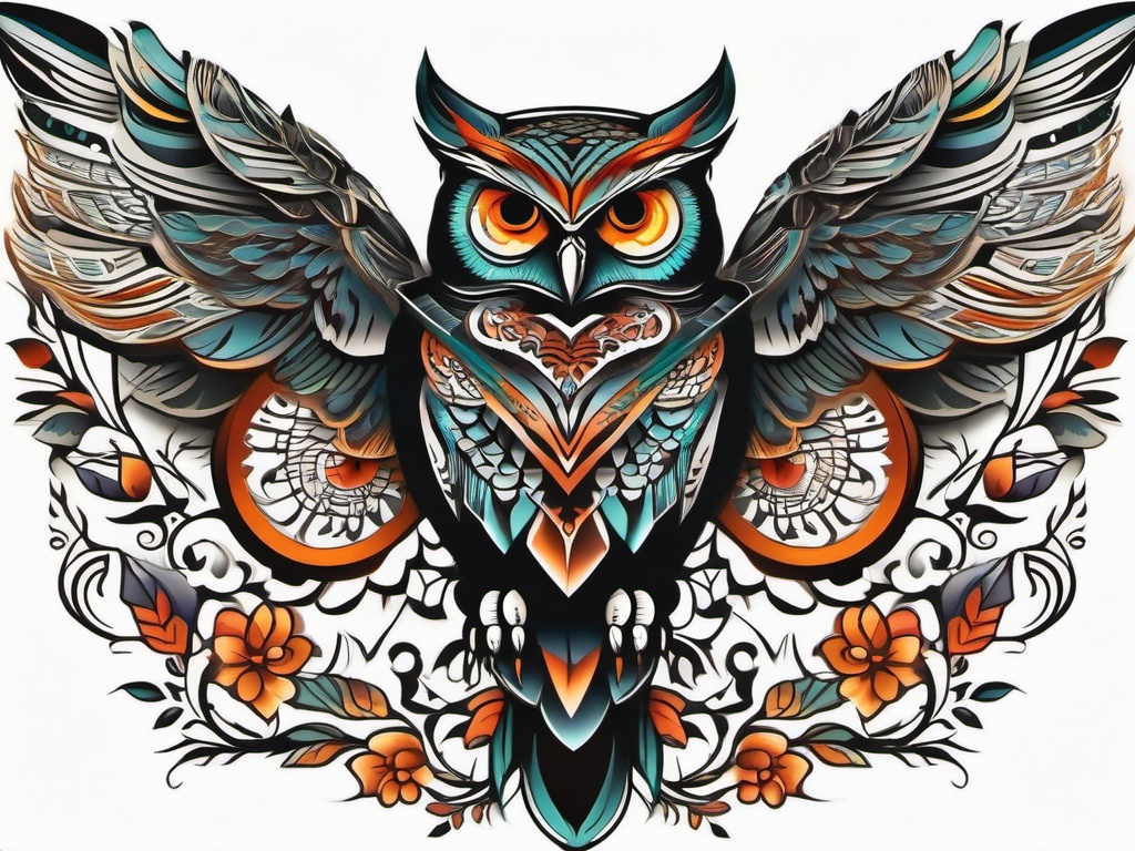 Owl Tattoo Traditional - Embrace classic tattoo artistry with a traditional owl-themed tattoo.  simple color tattoo,vector style,white background