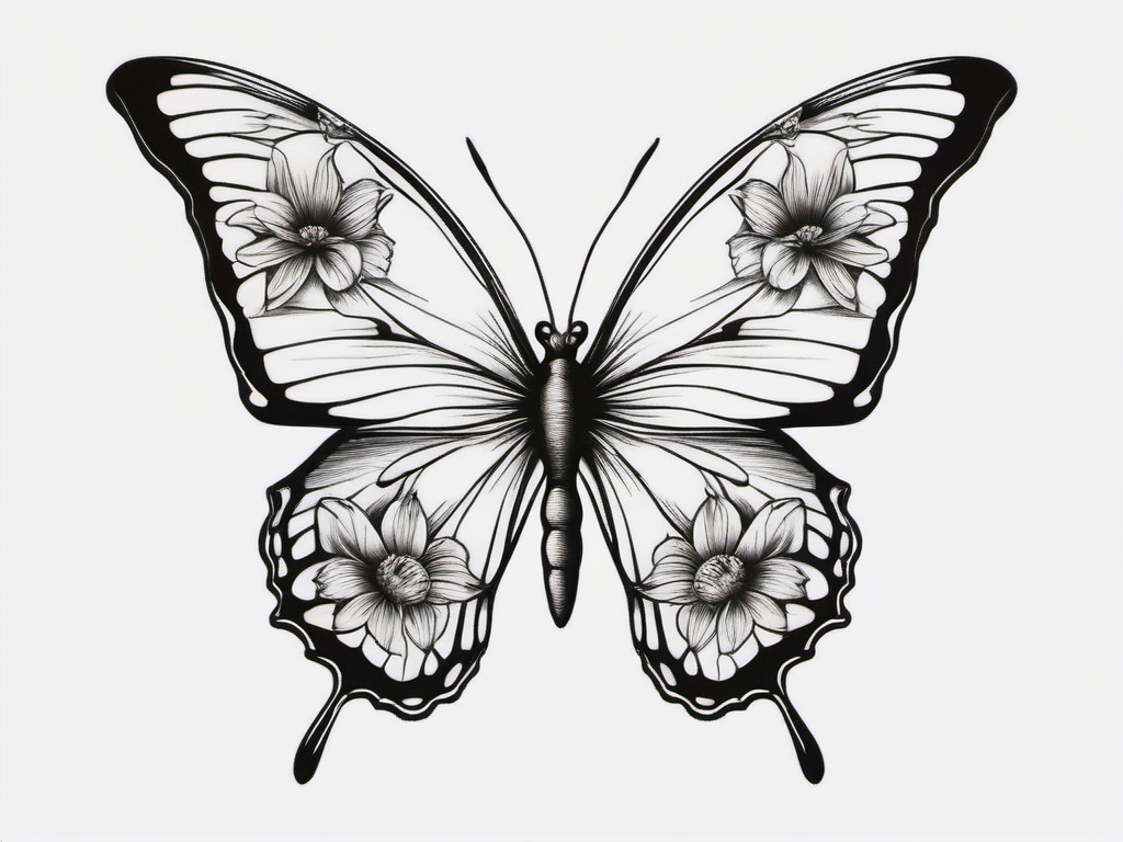 butterfly tattoo with half flowers  simple color tattoo, minimal, white background