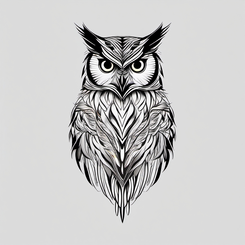 Eagle owl tattoo turning into a quill, symbolizing creative power.  color tattoo style, minimalist design, white background