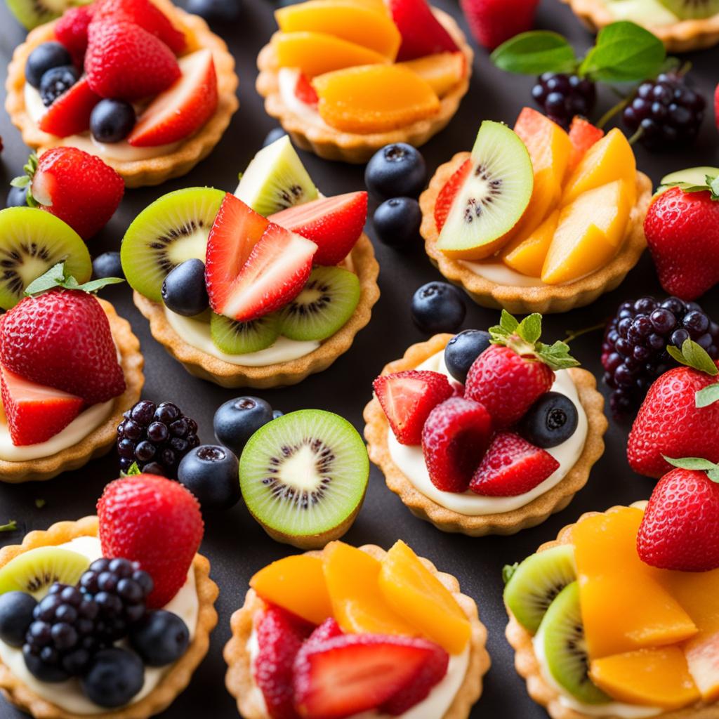 a platter of mini fruit tarts, each with a buttery crust and a vibrant assortment of fresh fruits. 