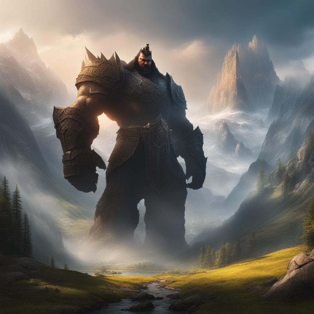 epic clash between towering giants in the midst of a breathtaking, mountainous landscape. 