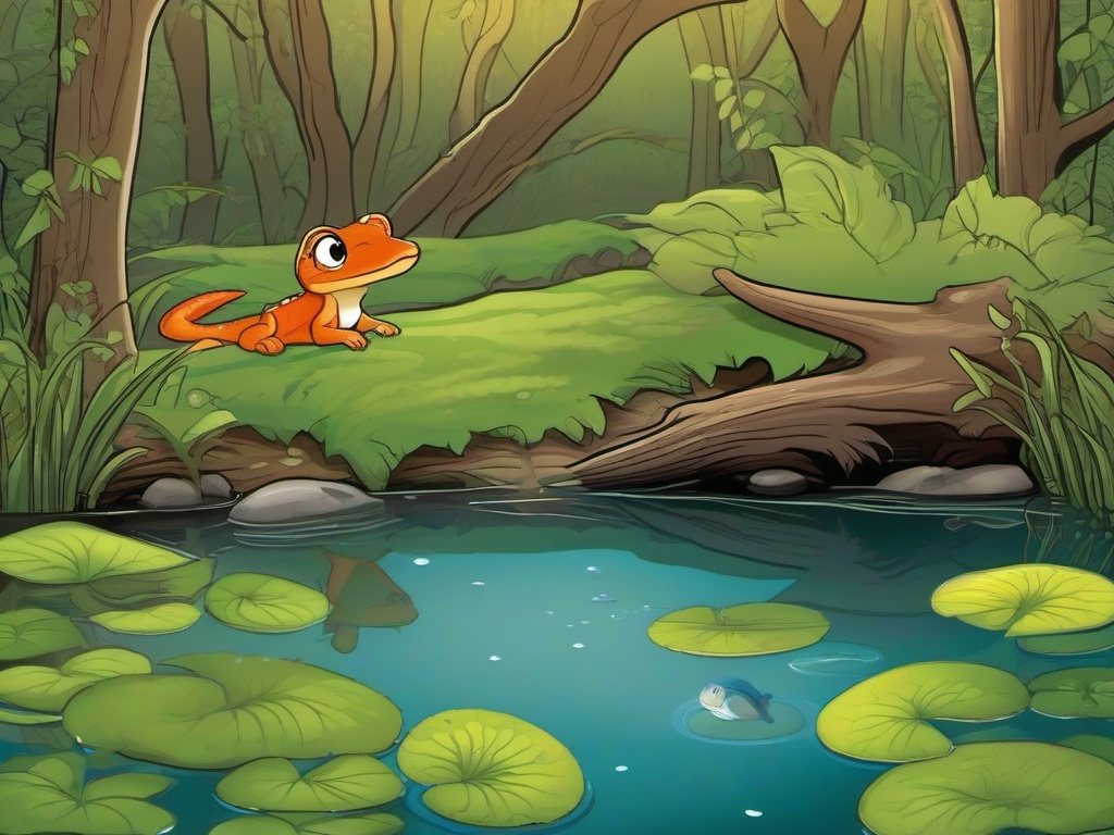 Newt Cartoon - Cartoon of newt in a woodland pond  