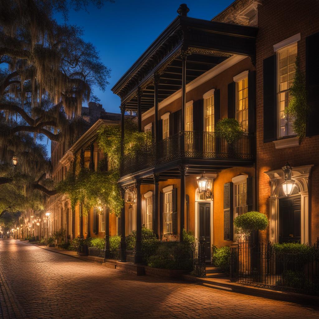 savannah's historic district - illustrate the enchanting night scene of savannah's historic district, with its cobblestone streets, spanish moss, and historic homes. 