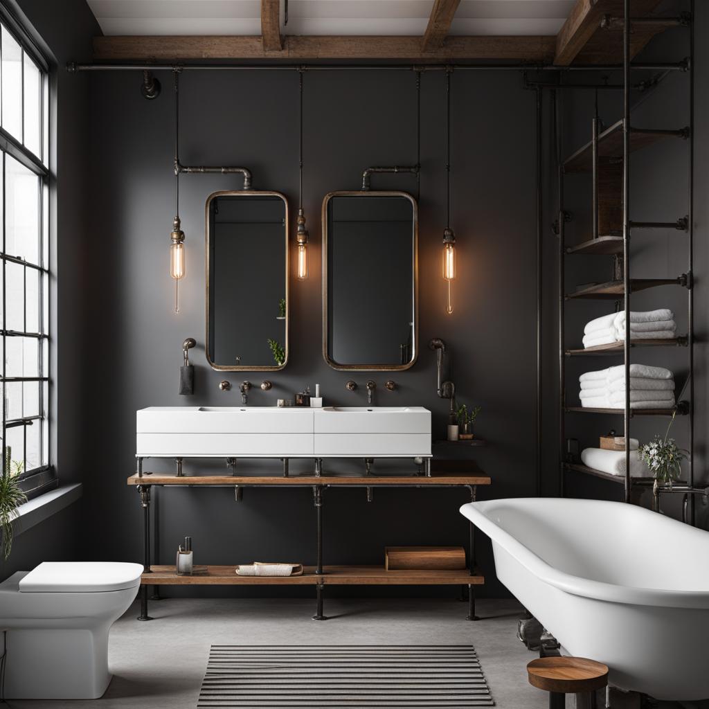 industrial-style bathroom with exposed pipes and metal accents. 