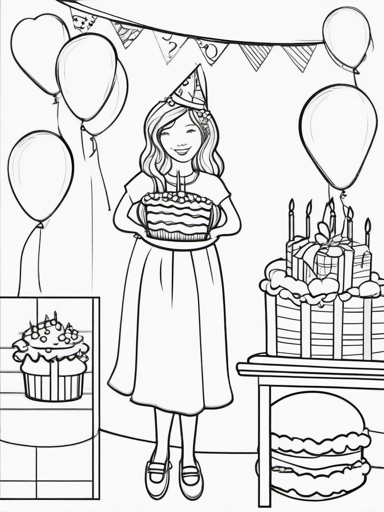 Birthday Girl Coloring Pages - Special Girl Celebrating Her Big Day  minimal black outline printable sheet, coloring page