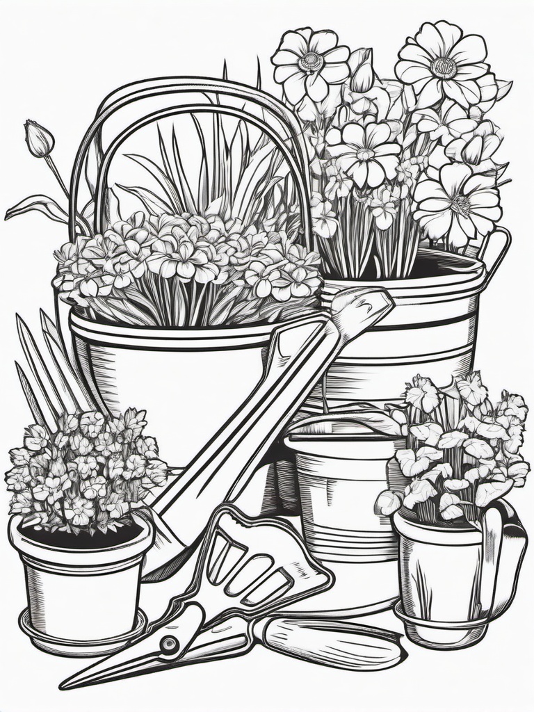 Gardening tools with pots and flowers  simple coloring pages