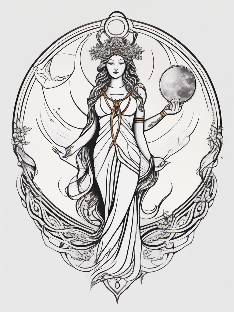 Achelois Goddess Tattoo - Celebrate the lesser-known goddess Achelois with a tattoo, capturing her associations with the moon and healing waters.  simple color tattoo, white background