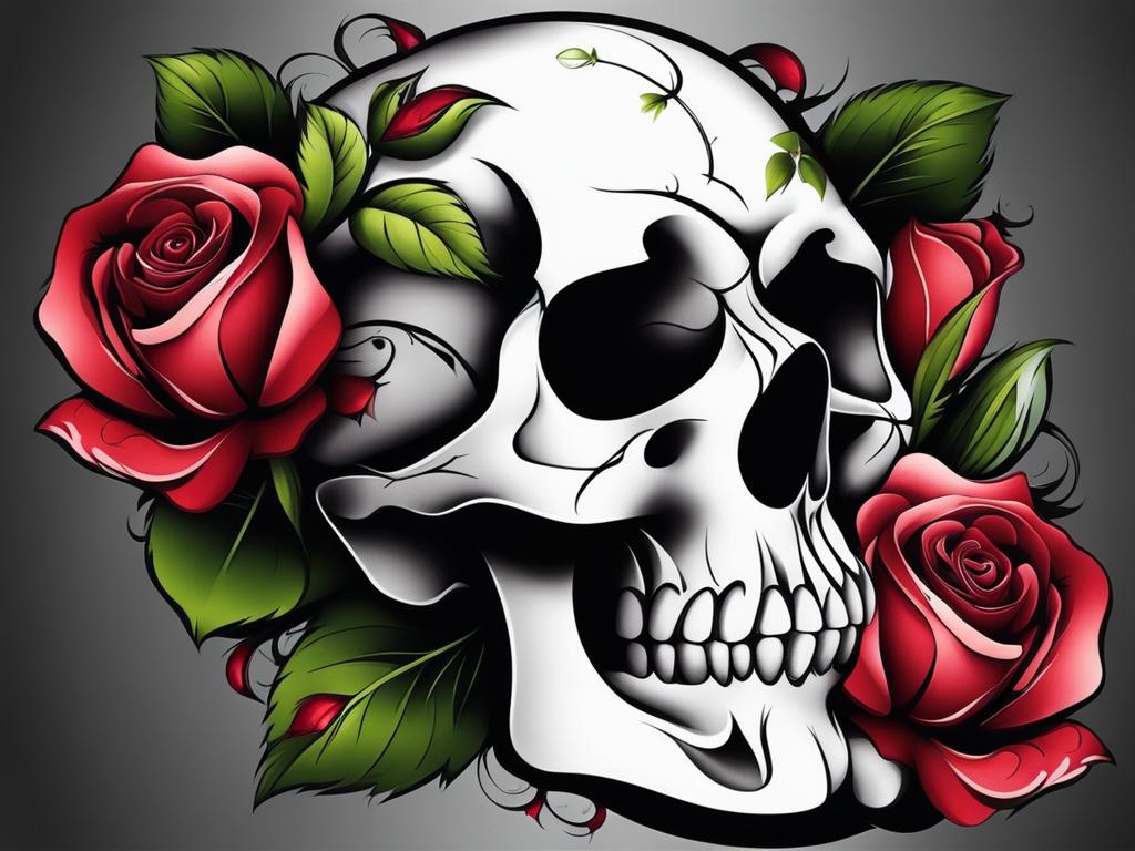 Skull tattoo rose, Artistic tattoos combining skulls with the beauty of roses. , color tattoo design, clean white background