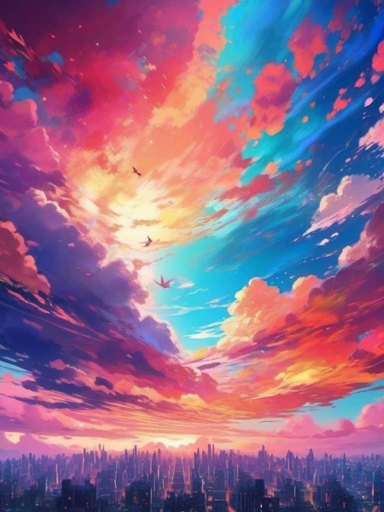 Anime Sky Wallpaper Vibrant World of Anime with Colorful Skies wallpaper splash art, vibrant colors, intricate patterns