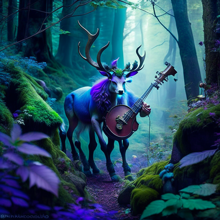 faun musician with hoofed legs, playing enchanted melodies in a mystical glen. 