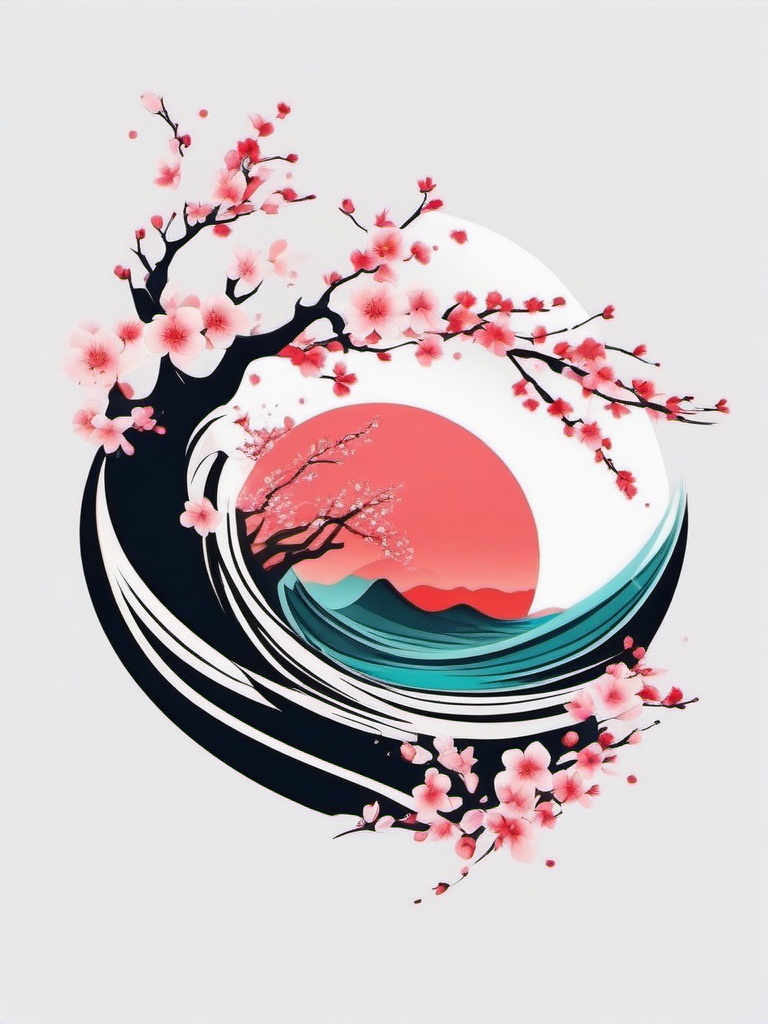 cherry blossom wave tattoo  simple color tattoo,white background,minimal