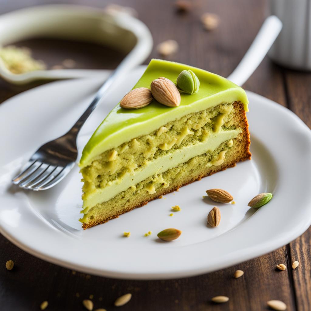 pistachio almond cake with pistachio frosting, enjoyed at a cozy coffee shop. 