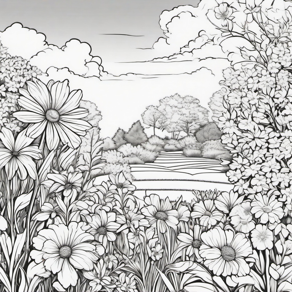 Summer flowers in a garden setting  simple coloring pages