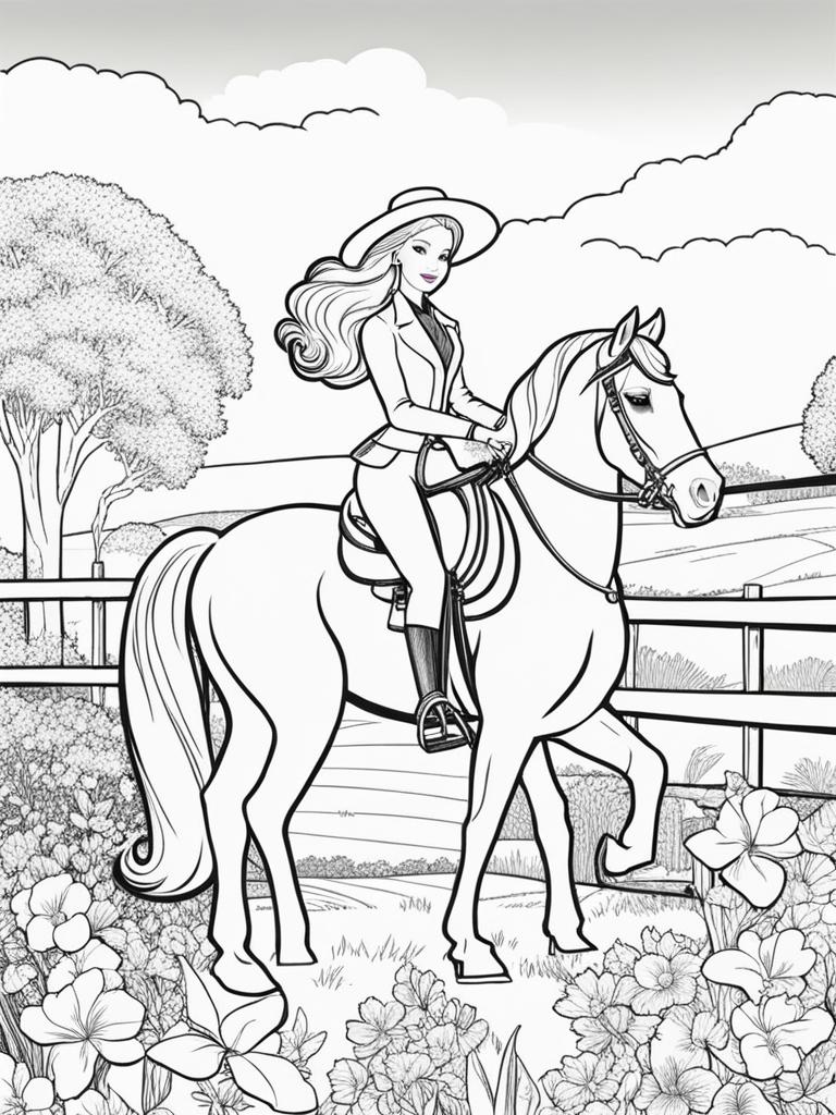 barbie coloring pages - barbie goes horseback riding through a blooming spring garden. 