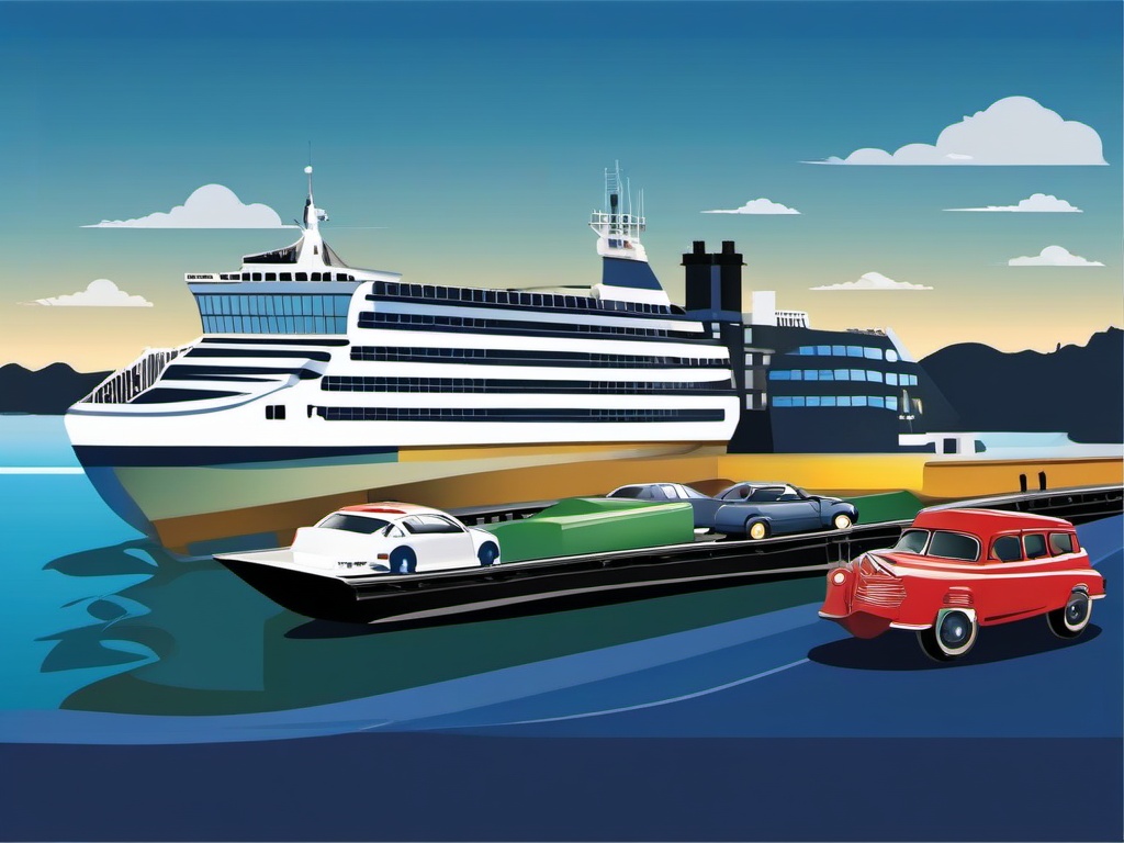 Boat clipart - ferry transporting cars across a harbor  