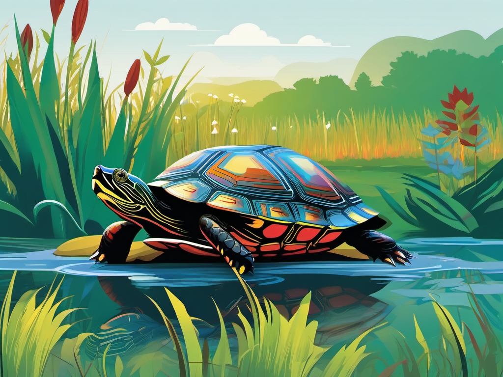 Painted Turtle - In a vibrant wetland, the painted turtle harmonizes with its surroundings, showcasing nature's artistic palette.  vector art, clipart, minimal