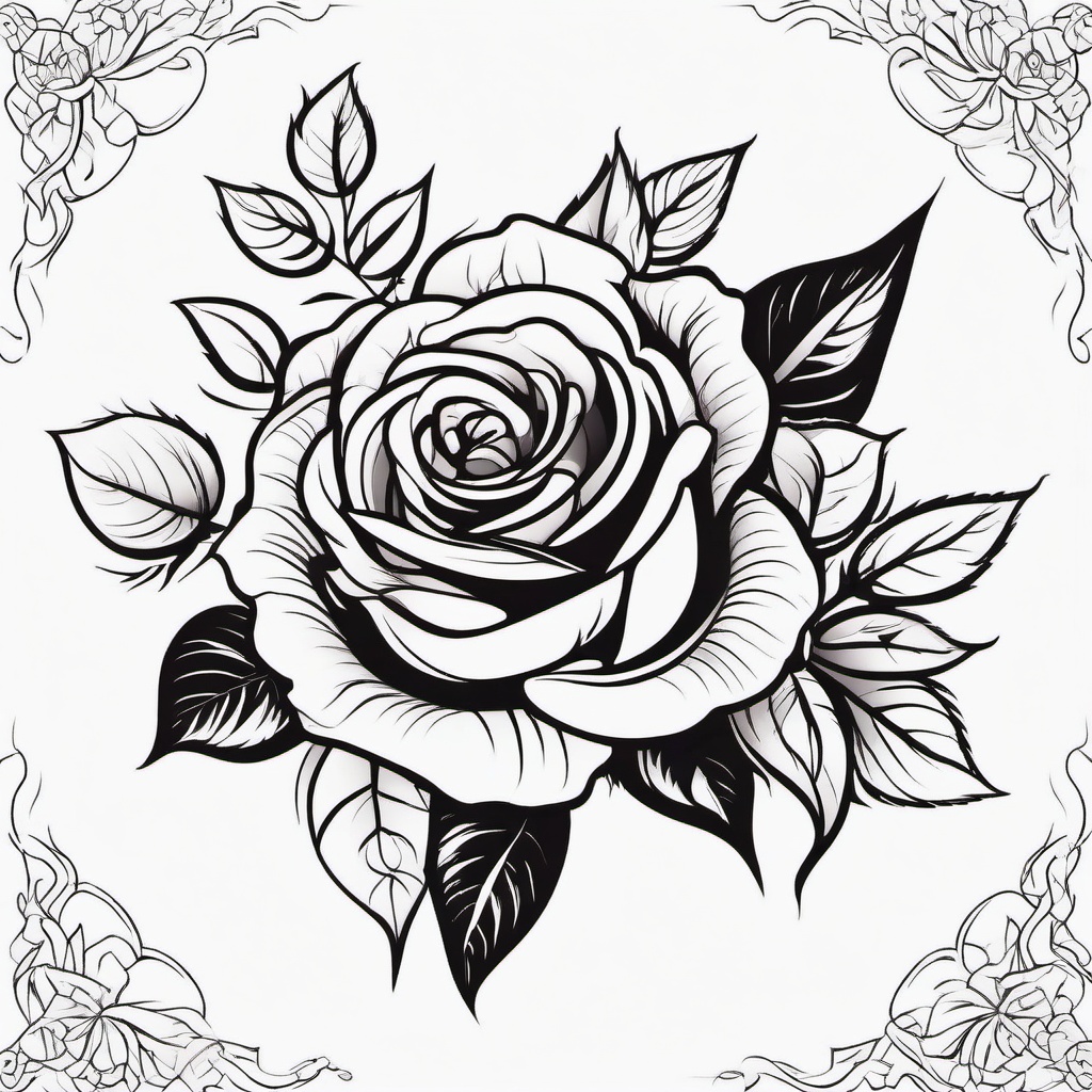 Rose Tattoo - A beautiful rose tattoo in full bloom  few color tattoo design, simple line art, design clean white background