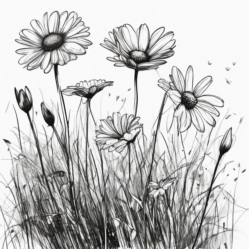 drawing of daisies in a garden  minimal rough sketch scribbles,doodles,black and white