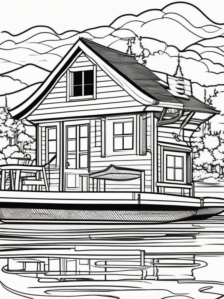 House Coloring Pages - Houseboat floating on a serene lake  simple coloring pages