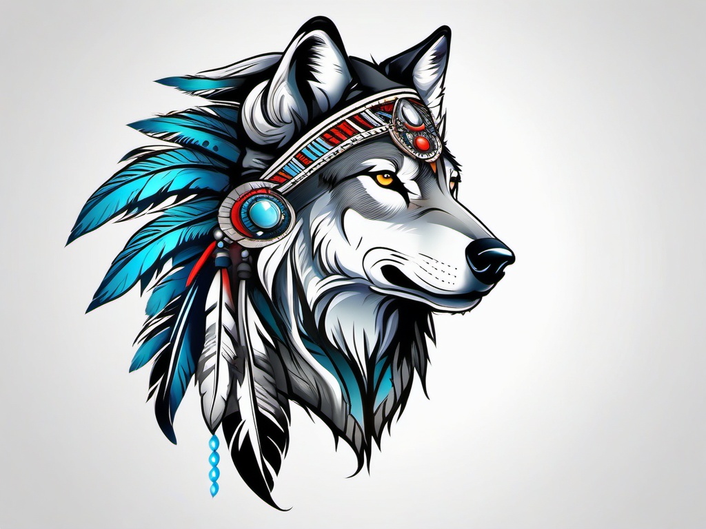 Wolf with Headdress Tattoo,wolf adorned with a tribal headdress in a striking tattoo, symbolizing courage and honor. , color tattoo design, white clean background