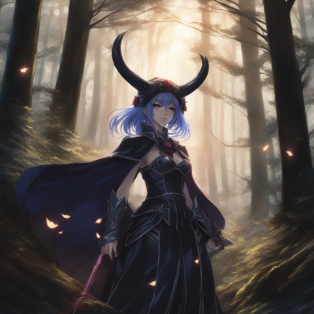 rem protects subaru from danger with her demon powers in a dimly lit forest. 