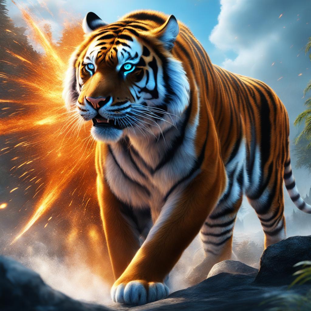 Stalking tiger with blue eyes explosions around, 8k resolution, fantasy concept art, dynamic lighting, hyper and intricately detailed, deep liquid effects color, Unreal engine, volumetric lighting, orange and white complementary colours