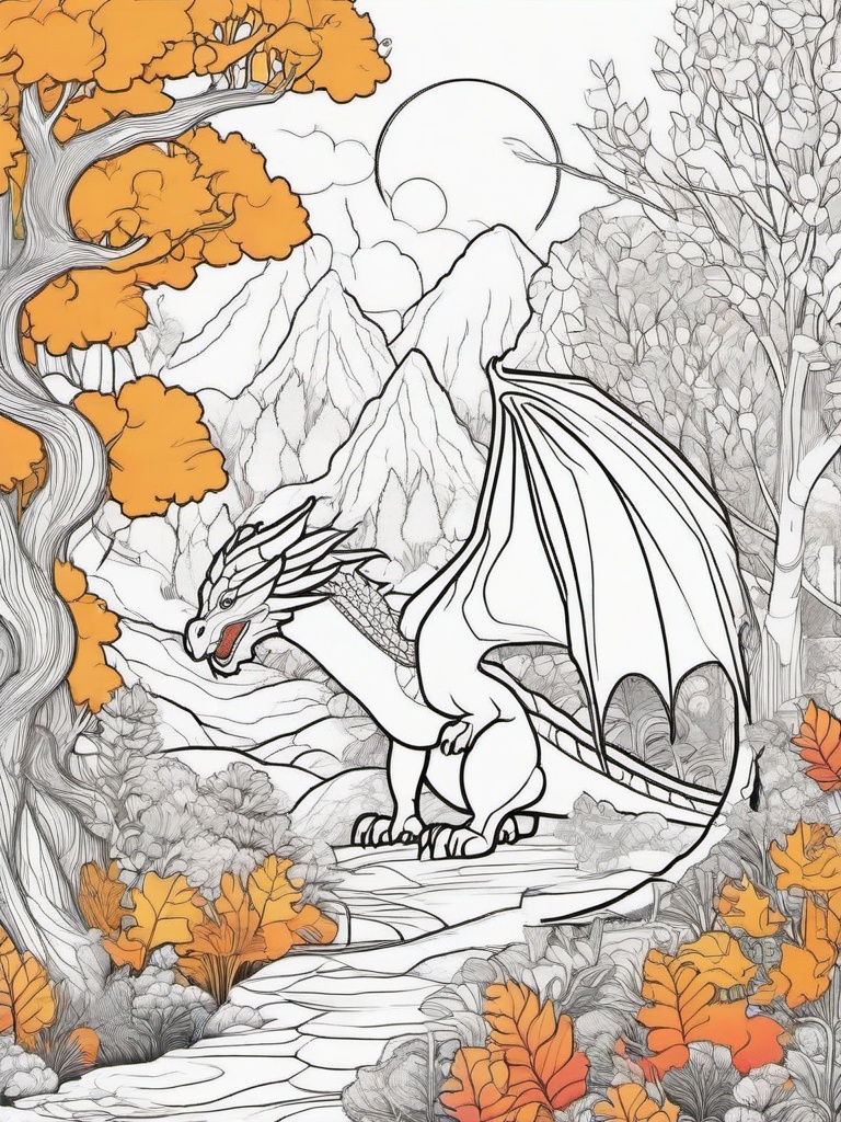 Dragon in a Magical Forest Coloring Pages - Enchanted Scene with Colorful Trees  minimal black outline printable sheet, coloring page